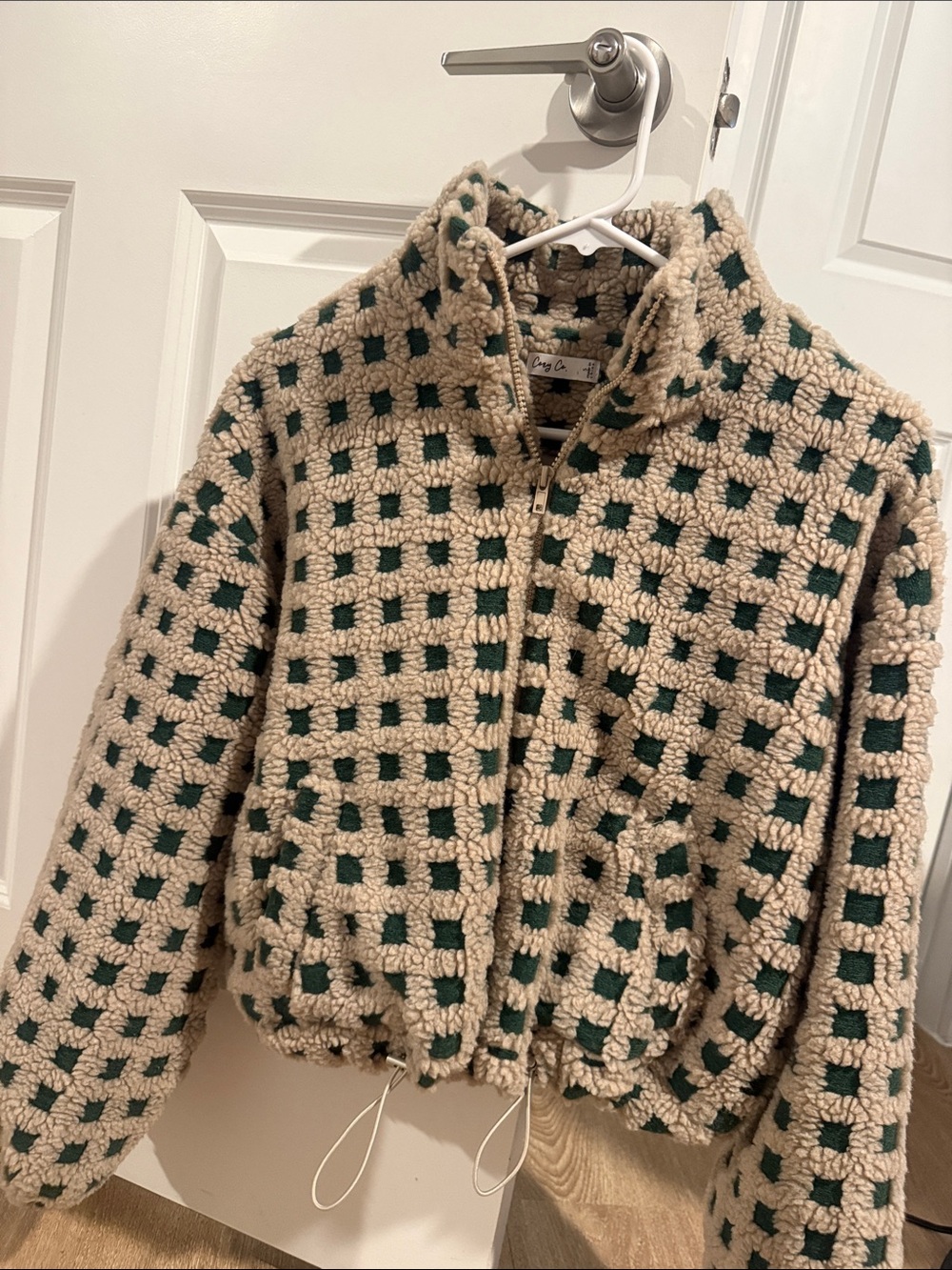 Cozy Checkered Sherpa Zip Jacket in Cream & Dark Green